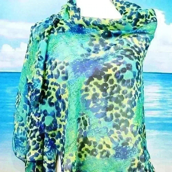 GREEN/BLUE COLORFUL Womans SHEER Scarf REVERSIBLE Hajib Shoulder Rectangle Wrap - Picture 1 of 8